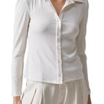 Sanctuary  Ribbed‎ Knit Collared Puff Sleeve Button Up Shirt Women's XL White Photo 0