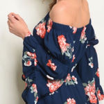 Navy Floral Off Shoulder Dress Bell Sleeves Boho Mini Women’s NWT Blue Photo 0