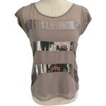 EXPRESS Sequined Top Womens Size XS Tan Short Sleeve High Low Y2K Bling Stretch Photo 0