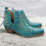 MYRA Turquoise Embroidered Leather Block Heel Western Ankle Booties Women Size 7 Blue Photo 2