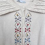 ZARA Cream Floral Embroidered Eyelet Collar Frill Sleeve Cardigan Sweater Size S Photo 3
