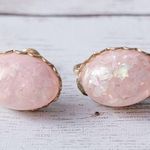 Vintage Screw Back Earrings Light Pink with Iridescent Flakes Domed Oval Photo 1