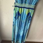 Hale‎ Bob XS Tall Blue Green Boho Maxi Dress Tie Neck Beach Vacation Resortwear Photo 5