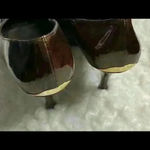 Stuart Weitzman  Brown Patent Pumps with Gold Accent Photo 4
