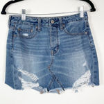 American Eagle Woman's Sz 2 Light Wash High Rise Distressed Denim Mini Skirt Photo 0