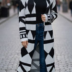 Cato Women’s Medium White & Black Geometric Print Open Duster Cardigan Photo 0