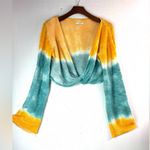 Earthbound  XL Cotton Hombre Bell Sleeve Crop Top in Teal n Yellow Photo 6