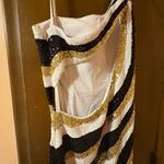 La Femme  white, gold, & black striped sequin open back one shoulder gown Photo 6