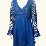 Navy Blue Lace Long Sleeve VNeck Lace Chiffon Dress Flared Sleeves Back Tie Sz S Photo 0
