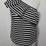 J.Crew Navy Muslin Striped Ruffled One Shoulder Top Size Small Photo 1