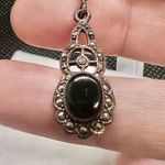Vintage Antique Art Deco Sterling Silver Marcasite Pendant Onyx Drop Earrings Black Photo 3