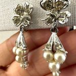 Coro Clip On Rhinestones and Faux Pearls, Dangle Drop Earrings Silver Photo 1