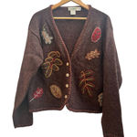 Vintage LL Bean Flaw Shetland Wool Appliqué Button Up Cardigan Size Large Brown Photo 0