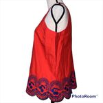 Crown & Ivy  MED red white cute blouse blue embroidered cherry scalloped bottom Photo 10