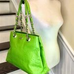 Kate Spade Lime Green Ostrich Leather Three Pocket Silver Chain Shoulder Bag Photo 2
