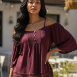 Tobi  M Cold Shoulder Lace Trim Blouse Maroon Flare Sleeve Boho Coquette Romantic Photo 0