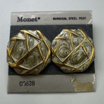 Monet Goldtone Signed  Green Enamel Pierced‎ Post Stud Earrings Vintage Photo 0