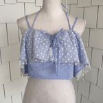 DO+BE Women's Blue/White Striped Floral Tulle Ruffle Neck Halter Crop Top sz M Photo 0