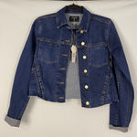 Tahari NWT  Dark Wash Denim Cropped Jacket Raw Hem Gold Buttons Size XS Photo 0