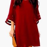 Women 3/4 Bell Sleeve Crewneck Mesh Panel Flare Casual Loose Chiffon Swing Dress Red Size L Photo 1
