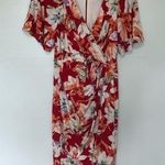 Maggy London  Floral Dress Hibiscus Red Faux Wrap Knee Length 2 Photo 0