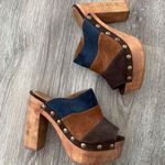 Vintage Y2k wooden clog platform open toe heels leather suede blue brown tan 7.5 Multiple Photo 0