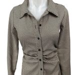 ZARA  Black Tan Houndstooth Ruched Long Sleeve Collar Button Mini Shirt Dress S Photo 2