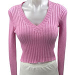 Brandy Melville  Women's Pink Rib Knit V-neck Long Sleeve Crop Sweater Top Size S Photo 0