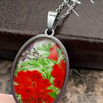 Handmade Red Floral Statement Pendant Necklace | Stainless Steel 18” Photo 0