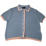 ZARA  Women's Small Knit Lounge Set Blue Pink Trim Short Sleeve Button Top Shorts Photo 1