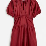 Madewell  Puff Sleeve Mini Dress Poplin Claret Burgundy A Line Pockets Large NWT Photo 5
