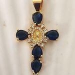 Gold Steel Cross Pendant Crystal Simulated Sapphire Stones and Virgin Mary Blue Photo 0
