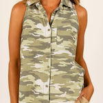 Bella Dahl  Camo Sleeveless Button-Front Top Collared Green White XS Tencel Photo 0