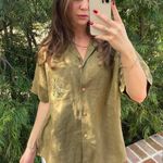 Brandy Melville Vintage retro linen khaki green button up shirt sz L Photo 0
