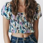 Roxy  Smocked Puff Sleeve Crop Top Large Tropical Leaf Print Boho Festival‎ Photo 0