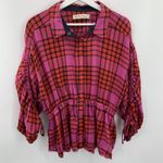 Free People Anthro We The Size XS Shirt Pacific Dawn Red Pink Plaid Ruched NEW Photo 2