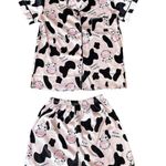 Cute Satin Cow Print Short Pajama Set Tan Photo 0