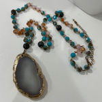 Beaded Necklace Agate Slice Pendant Boho Chic Statement Jewelry‎ Gold Photo 0