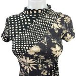 Urban Outfitters Black Beige Ruffle Lettuce Mockneck Floral Bodycon Mini Dress S Photo 2