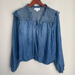 Cloth & Stone  Chambray Denim Blouse Size XS Smocked with Ruffles Blue‎ Photo 1