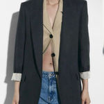 ZARA Women’s Linen Blazer Open Front Striped Rolled Sleeve Academia in Black S Photo 0