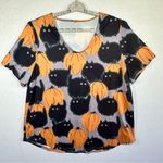 Halloween Novelty Top Womens 2X Orange Black Cats Pumpkins Short Sleeve Stretch Photo 0