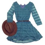 Lila Rose Lily Rose shadow striped teal green belted dress size small Photo 0