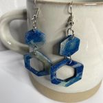 Handmade Polymer Geometric Glitter Reversible Dangly Clay Earrings Blue Hexagon Photo 3