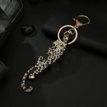 π LEOPARD Climbing Bag Charm Keychain Rhinestones Green Eyes Gold Photo 9