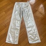 ZARA High Rise Wide Leg Silver Metallic Coated Jeans Pants Size 10 RARE Photo 4