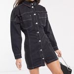 Topshop  Black Denim Shirt Dress Mini White Stitching Size 6 #denimdress Photo 0