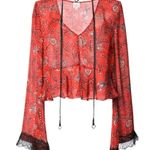Cinq à Sept Cinq a Sept Jemma Red Floral Print Long Sleeve V-Neck Peplum Silk Top Size Small Photo 1
