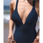 Cupshe  One-Piece Cut Out Cross‎ Back Deep V-Neck Ruched High Cut Navy Medium NEW Photo 4