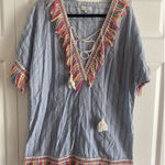 Velzera ‎ Womens Large Blue Striped Pastel Tassel Boho Beachy Photo 0